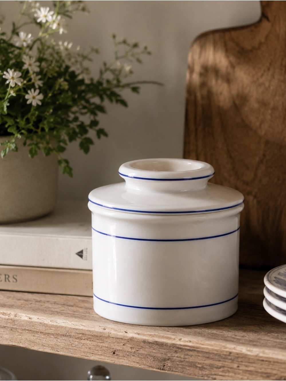 Vintage Blue Stripe Stoneware Butter Bell Crock| Coastal Cottage Grandmillennial